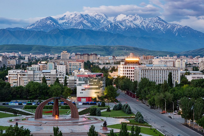 Elevated View of the Center of Bishkek Overlooking Victory Square with the Kyrgyz Range in the Background